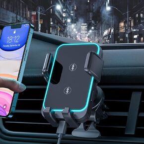 Wireless Car Charger Phone Mount, Dual Coil 15W Phone Fast Charging Holder with Auto Smart Sensor Clamping and LED Ambient Light, Upgraded Phone Holder for Cars
