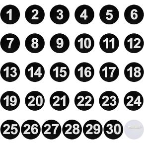 OLYCRAFT 30pcs Plastic Number Tag 49mm Round Number Brooch Black Number Tags with Pins, Label with Number 1-30 Round Number Labels for Backpack Clothes Contestant Sports Events