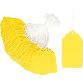 QWORK Price Tags, 500 Pcs Yellow Paper Gift Tags with String, 2.76" x 1.69" Blank Marking Tags Writable Labels, Merchandise Hang Tags LabelsDisplay Label for Goods Gifts Jewelry Clothing