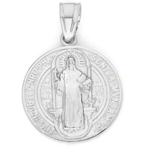 الصلبة 14k الذهب الأبيض قلادة سانت بنديكت - وسام ديني مزدوج الجوانب in Kuwait