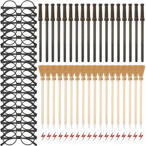 72 PCS Wizard Wand Party Favors for Kids , Wand Pencils, Witch Broom Pencils, Lightning Tattoos, Round Frame Glasses, Party Decorations Birthday Gifts, Halloween Cosplay Accessories for Teens