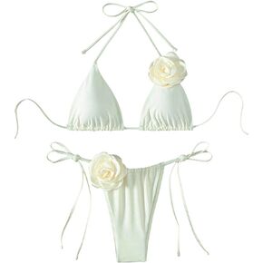 Women's 2 Piece Bathing Suit Floral Appliques Halter Triangle Tie Side Thong Bikini Sets Swimsuits