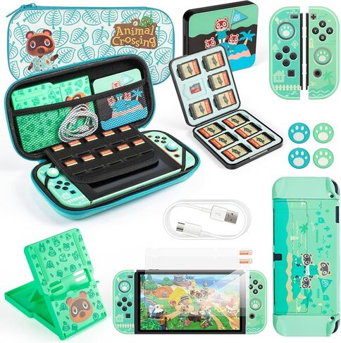 fnson Case for Switch with Animal Crossing, Switch Accessories Bundle Carry Case & Protective Case Cover, Screen Protector & Thumb Grip Green (SWITCH OLED) in Saudi Arabia