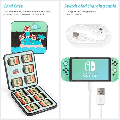 fnson Case for Switch with Animal Crossing, Switch Accessories Bundle Carry Case & Protective Case Cover, Screen Protector & Thumb Grip Green (SWITCH OLED) in Saudi Arabia