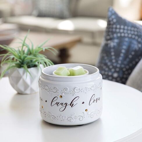 Candle Warmers Etc. Illuminaire Live, Laugh, Love Fan Fragrance Warmer- Whisper Quiet Fan Circulates Scent From Scented Candle Wax Melts And Tarts For Full Room Freshener, White with Brown in Saudi Arabia