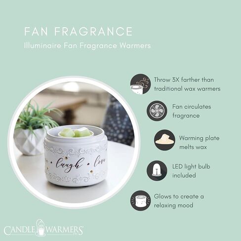 Candle Warmers Etc. Illuminaire Live, Laugh, Love Fan Fragrance Warmer- Whisper Quiet Fan Circulates Scent From Scented Candle Wax Melts And Tarts For Full Room Freshener, White with Brown in Saudi Arabia