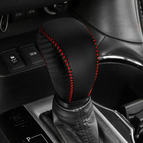 غطاء مقبض ناقل الحركة لسيارة Toyota Tacoma 2016-2023/ Highlander 2014-2019 ملحقات مقبض ناقل الحركة الجلدي للسيارات (ألياف الكربون مع غرز حمراء) in Kuwait