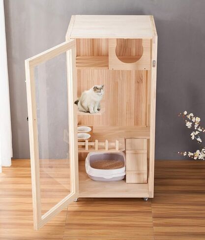 Laifug Large Wooden Cat House for Outdoor and Indoor Cats, Luxury Multipurpose Cat Condo, Catio Enclosure with Shelter and Wheels in Kuwait