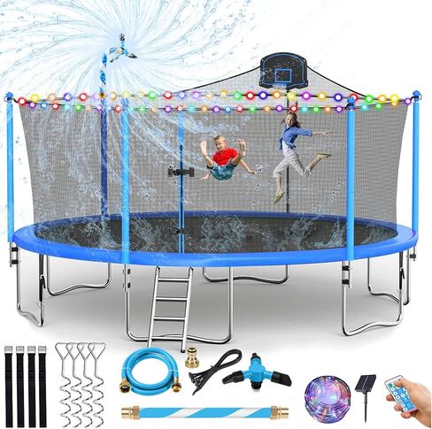16FT Trampoline for Kids and Adults Outdoor Trampolines with Basketball Hoop and Net, Backyard Trampoline with Sprinkler, Stakes, Light for 6-8 Children and Teens, Adults in Kuwait