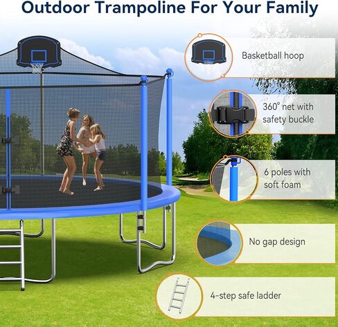 16FT Trampoline for Kids and Adults Outdoor Trampolines with Basketball Hoop and Net, Backyard Trampoline with Sprinkler, Stakes, Light for 6-8 Children and Teens, Adults in Kuwait