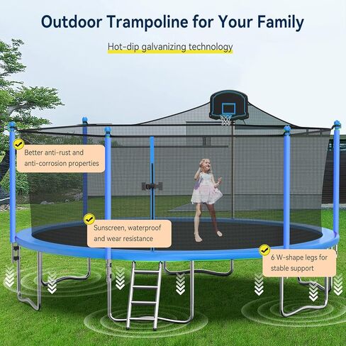 16FT Trampoline for Kids and Adults Outdoor Trampolines with Basketball Hoop and Net, Backyard Trampoline with Sprinkler, Stakes, Light for 6-8 Children and Teens, Adults in Kuwait