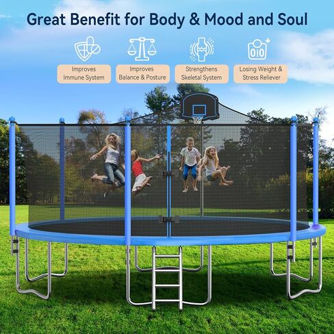 16FT Trampoline for Kids and Adults Outdoor Trampolines with Basketball Hoop and Net, Backyard Trampoline with Sprinkler, Stakes, Light for 6-8 Children and Teens, Adults in Kuwait