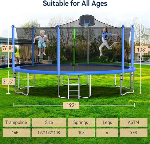 16FT Trampoline for Kids and Adults Outdoor Trampolines with Basketball Hoop and Net, Backyard Trampoline with Sprinkler, Stakes, Light for 6-8 Children and Teens, Adults in Kuwait