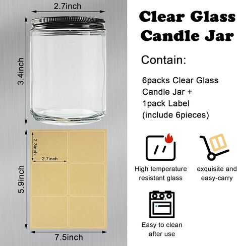 برطمانات شموع فارغة بسعة 8 أونصة من QMET، 6 عبوات زجاجية بأغطية معدنية وملصقات كرافت مثالية لبرطمانات الشموع لصنع الشموع (العنبر) in Kuwait