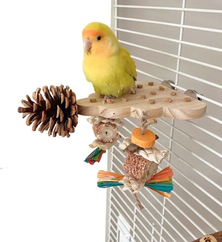 Parrot Toys Playing Perch - Wooden Bird Toys for Parrots, Parakeet Toys with Natural Corn Cob, Pinecone for Small Medium Parrots & Birds, Funny Bird Cage Accessories in Saudi Arabia