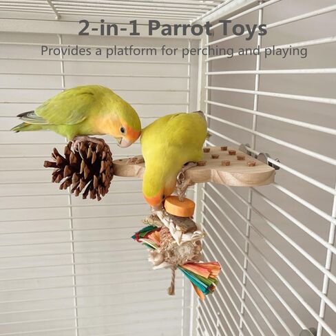 Parrot Toys Playing Perch - Wooden Bird Toys for Parrots, Parakeet Toys with Natural Corn Cob, Pinecone for Small Medium Parrots & Birds, Funny Bird Cage Accessories in Saudi Arabia