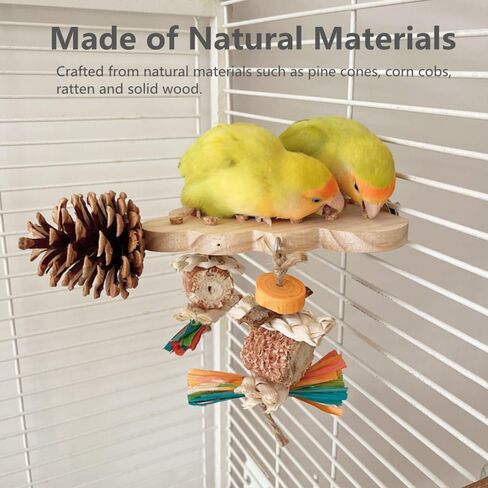 Parrot Toys Playing Perch - Wooden Bird Toys for Parrots, Parakeet Toys with Natural Corn Cob, Pinecone for Small Medium Parrots & Birds, Funny Bird Cage Accessories in Saudi Arabia