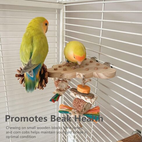 Parrot Toys Playing Perch - Wooden Bird Toys for Parrots, Parakeet Toys with Natural Corn Cob, Pinecone for Small Medium Parrots & Birds, Funny Bird Cage Accessories in Saudi Arabia