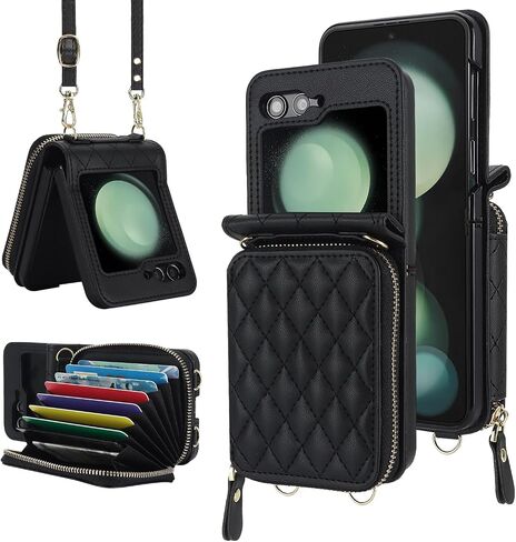 NINKI Compatible Samsung Galaxy Z Flip 4 Case Wallet with Card Holder,Shockproof Leather Detachable Crossbody Lanyard Case for Samsung Z Flip 4 Wallet Case Purse,Galaxy Z Flip 4 Case for Women Black in Kuwait