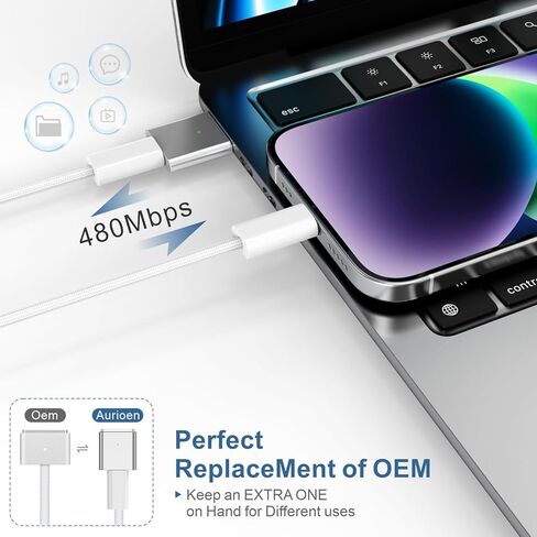 كابل USB-C إلى مغناطيسي 3 بقدرة 140 واط، محول شحن لجهاز MacBook Pro 2023 (M2,14/16 بوصة)، MacBook Air 2022 (M2)، MacBook Pro 2021 (M1، 14/16 بوصة) مع كابل شحن من النوع C بقدرة 240 واط ( 2 م/6.6 قدم) in Kuwait