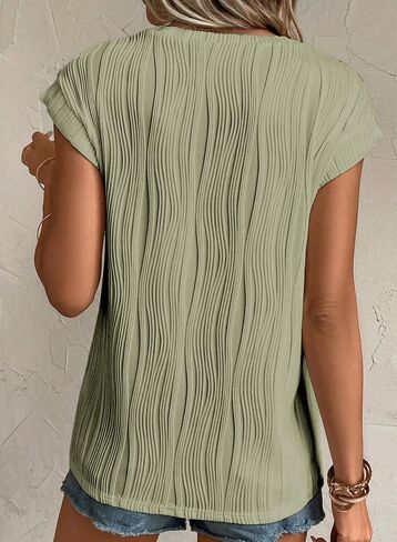 EVALESS Women's 2024 Spring Summer Short Sleeve T Shirts Fashion Trendy Casual Round Neck Knit Textured Tops Tunic Blouses Clothes Light Green X-Large in Saudi Arabia