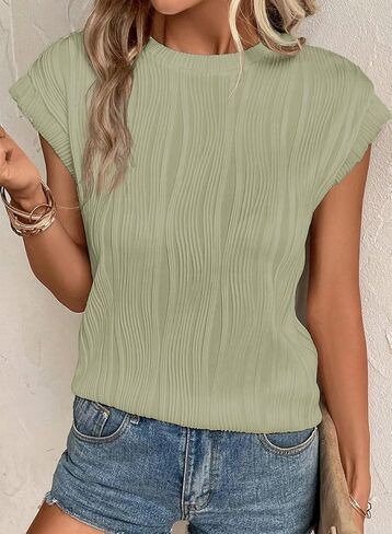 EVALESS Women's 2024 Spring Summer Short Sleeve T Shirts Fashion Trendy Casual Round Neck Knit Textured Tops Tunic Blouses Clothes Light Green X-Large in Saudi Arabia