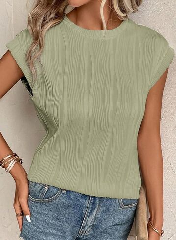 EVALESS Women's 2024 Spring Summer Short Sleeve T Shirts Fashion Trendy Casual Round Neck Knit Textured Tops Tunic Blouses Clothes Light Green X-Large in Saudi Arabia