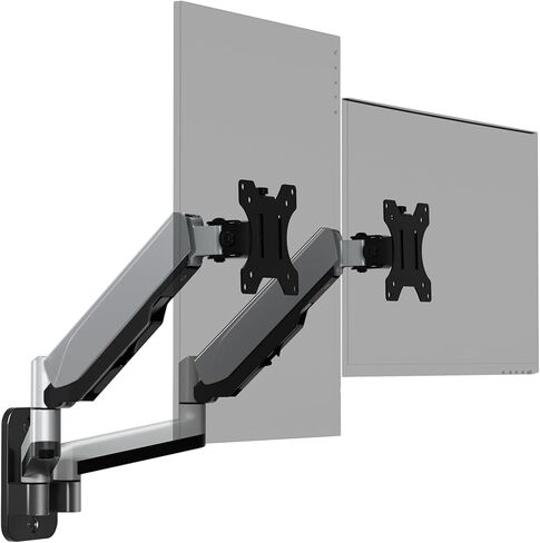 حامل شاشة مزدوج على الحائط، ذراع شاشة حائط زنبركي غازي للشاشات المسطحة/المنحنية مقاس 17 إلى 32 بوصة، كل منها يحمل ما يصل إلى 19.8 رطلًا، حامل شاشة VESA قابل للتعديل ودوار الحركة بالكامل in Kuwait