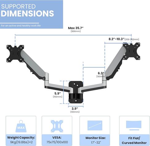 حامل شاشة مزدوج على الحائط، ذراع شاشة حائط زنبركي غازي للشاشات المسطحة/المنحنية مقاس 17 إلى 32 بوصة، كل منها يحمل ما يصل إلى 19.8 رطلًا، حامل شاشة VESA قابل للتعديل ودوار الحركة بالكامل in Kuwait