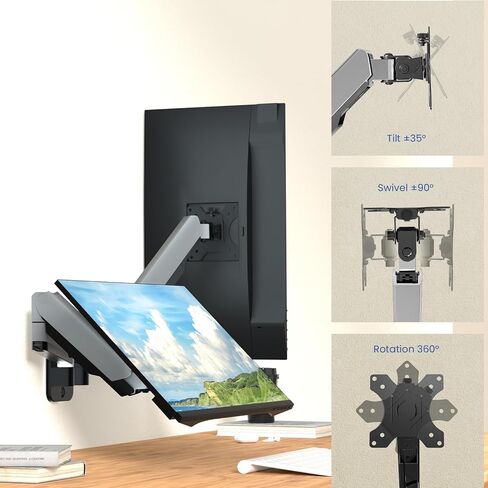 حامل شاشة مزدوج على الحائط، ذراع شاشة حائط زنبركي غازي للشاشات المسطحة/المنحنية مقاس 17 إلى 32 بوصة، كل منها يحمل ما يصل إلى 19.8 رطلًا، حامل شاشة VESA قابل للتعديل ودوار الحركة بالكامل in Kuwait