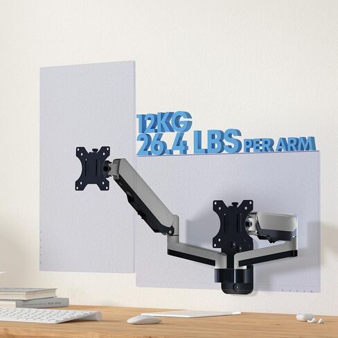 حامل شاشة مزدوج على الحائط، ذراع شاشة حائط زنبركي غازي للشاشات المسطحة/المنحنية مقاس 17 إلى 32 بوصة، كل منها يحمل ما يصل إلى 19.8 رطلًا، حامل شاشة VESA قابل للتعديل ودوار الحركة بالكامل in Kuwait