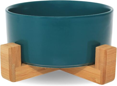 MW Concept Ceramic Bowl for Dog and Cat Food 13.5 OZ | Dog Bowl with Anti Slip Wooden Stand | Ceramic Dog Bowls | Ceramic Bowls for Cats | Pet Feeding Station with Wooden Stand | Bowl for Dogs (Green) in Saudi Arabia