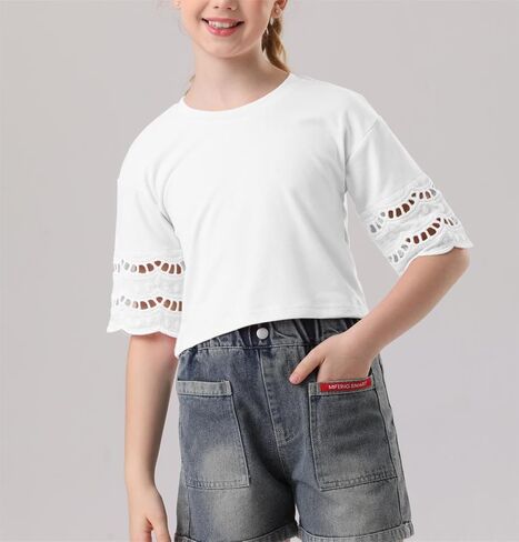 Girls Crew Neck Short Lace Sleeve Crop Tops Casual Summer Cute Loose Fit Tees in Saudi Arabia