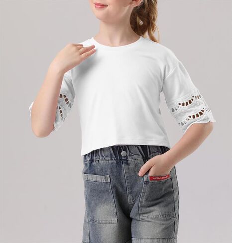 Girls Crew Neck Short Lace Sleeve Crop Tops Casual Summer Cute Loose Fit Tees in Saudi Arabia