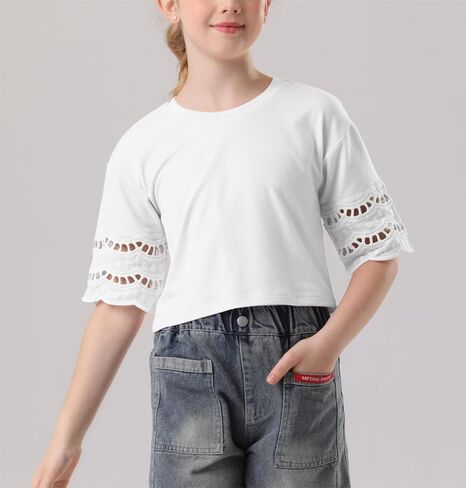 Girls Crew Neck Short Lace Sleeve Crop Tops Casual Summer Cute Loose Fit Tees in Saudi Arabia