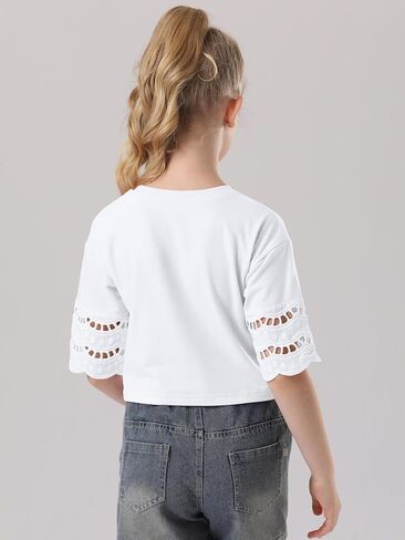 Girls Crew Neck Short Lace Sleeve Crop Tops Casual Summer Cute Loose Fit Tees in Saudi Arabia