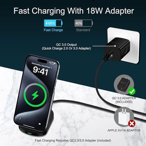 محطة شحن لاسلكية من سامسونج، حامل شاحن لاسلكي سريع للمكتب بقدرة 15 وات مع محول QC لهاتف Samsung Galaxy S24 Ultra S23 S22 S21 S20، iPhone 15/15 Pro/Pro Max/Plus/14/13/12/SE، Google Pixel 8 Pro/7a/ 7 in Kuwait