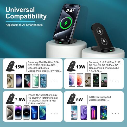 محطة شحن لاسلكية من سامسونج، حامل شاحن لاسلكي سريع للمكتب بقدرة 15 وات مع محول QC لهاتف Samsung Galaxy S24 Ultra S23 S22 S21 S20، iPhone 15/15 Pro/Pro Max/Plus/14/13/12/SE، Google Pixel 8 Pro/7a/ 7 in Kuwait