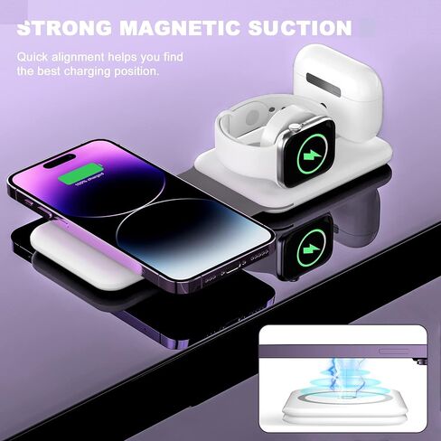 شاحن لاسلكي 3 في 1 لأجهزة Apple، قاعدة شحن لاسلكية لأجهزة iPhone15/ 14/13/12/11 Pro Max/X/Xs Max/8/8 Plus، AirPods 3/2/pro، iWatch Series 9/8/7/ 6/5/SE/4/3/2 (محول متضمن) in Kuwait