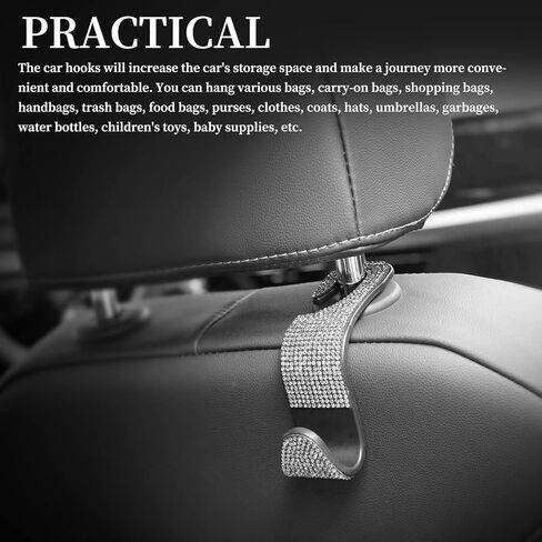 خطافات مقعد السيارة من الكريستال اللامع لمسند الرأس للنساء والفتيات، 4 عبوات من شماعات المقعد الخلفي التلقائي للمحفظة وحقيبة اليد والملابس وحقيبة البقالة (فضي) in Kuwait