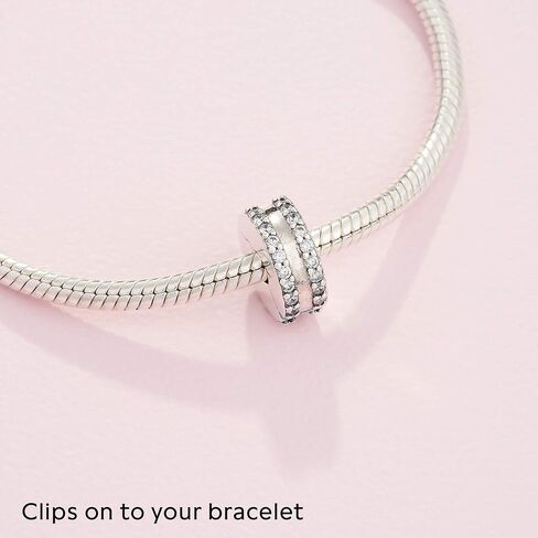 Pandora Double Lined Pavé Clip Charm - أساور اللحظات المتوافقة - مجوهرات للنساء - هدية للنساء في حياتك - مصنوعة من الفضة الاسترليني والزركونيا المكعبة، مع صندوق هدايا in Saudi Arabia
