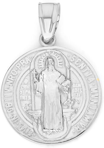 الصلبة 14k الذهب الأبيض قلادة سانت بنديكت - وسام ديني مزدوج الجوانب in Kuwait