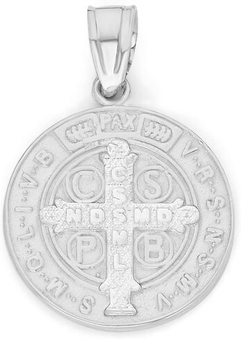 الصلبة 14k الذهب الأبيض قلادة سانت بنديكت - وسام ديني مزدوج الجوانب in Kuwait