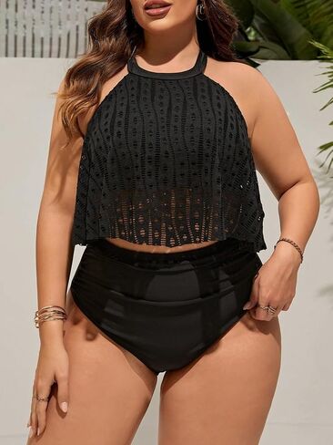 SOLY HUX المرأة حجم كبير Tankini المايوه الرسن الجوف خارج عالية الخصر بيكيني قطعتين الاستحمام الدعاوى in Saudi Arabia
