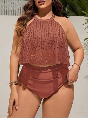 SOLY HUX Women's Plus Size Tankini Swimsuits Halter Hollow Out High Waisted Bikini Two Piece Bathing Suits in Saudi Arabia