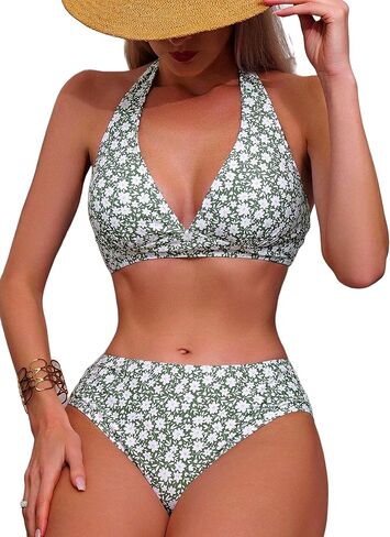 Bikini Set for Women Floral Halter Tummy Control 3 Piec Swimsuit High Waisted Bottoms Bathing Suits with Beach Skirt in Saudi Arabia