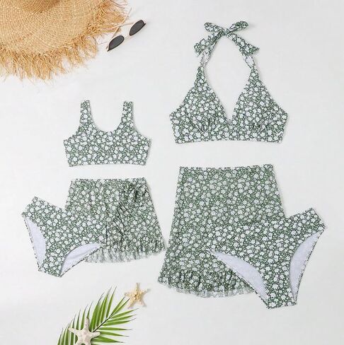 Bikini Set for Women Floral Halter Tummy Control 3 Piec Swimsuit High Waisted Bottoms Bathing Suits with Beach Skirt in Saudi Arabia