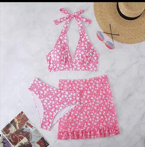 Bikini Set for Women Floral Halter Tummy Control 3 Piec Swimsuit High Waisted Bottoms Bathing Suits with Beach Skirt in Saudi Arabia