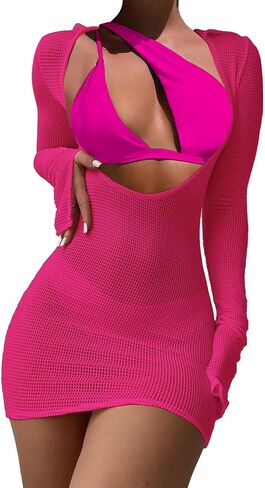 Lilosy Sexy Long Sleeve One Shoulder Bikini Fishnet Beach Swim Cover Up Dress in Kuwait
