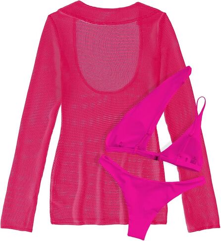 Lilosy Sexy Long Sleeve One Shoulder Bikini Fishnet Beach Swim Cover Up Dress in Kuwait